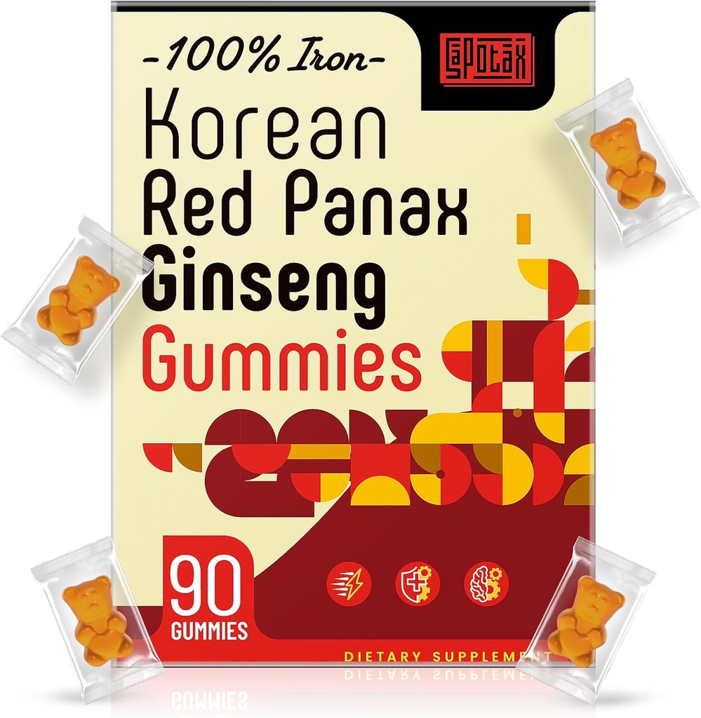 Κορεάτικα Red Panax Ginseng συμπλήρωμα Gummies - Σιδήρου συμπληρώματα για γυναίκες & άνδρες - Iron Gummies με βιταμίνη C, B6, B12, Κάλιο & μαγνήσιο, Vegan - 90 Count