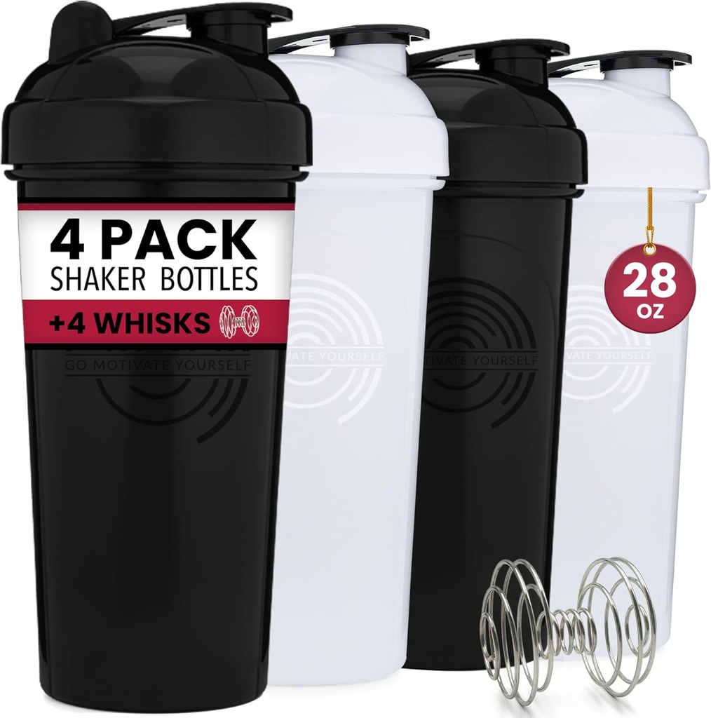 GOMOYO 4-Pack - 28 μπουκάλι αναδευτήρα πρωτεΐνης ουγγιάς για τα μείγματα, 4xWire Whisk, Leak Proof Bulk Supplement Mixes and Pre-Workout Shaker Cups, Πλυντήριο πιάτων Safe & BPA Free, Black & White
