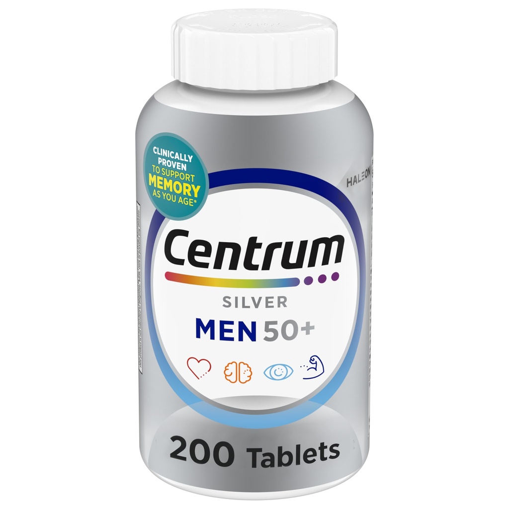 Centrum Silver Men's 50+ Πολυβιταμίνη με βιταμίνη D3, B- Βιταμίνες, Ψευδάργυρος για Μνήμη και Γνωστικότητα - 200 δισκία