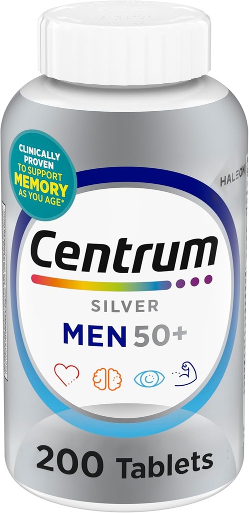 Centrum Silver Men's 50+ Πολυβιταμίνη με βιταμίνη D3, B- Βιταμίνες, Ψευδάργυρος για Μνήμη και Γνωστικότητα - 200 δισκία