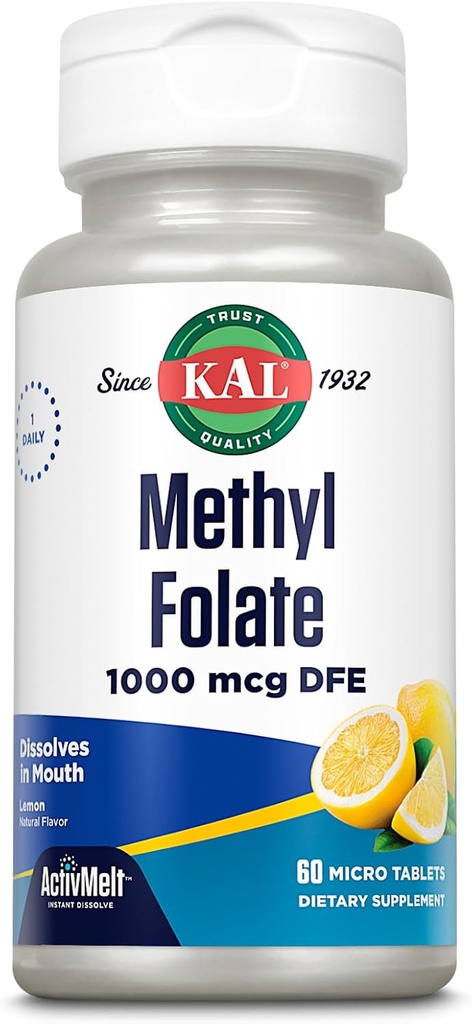 KAL methyl folate 1000 mcg, 5-MTHF Active Form, Folic Acid Supplement, Heart Health, Prenatal, Mood and Brain Support, Vegetarian, Natural Lemon ActivMelt, 60 ημερών εγγύηση, 60 Serv, 60 Micro Tablets