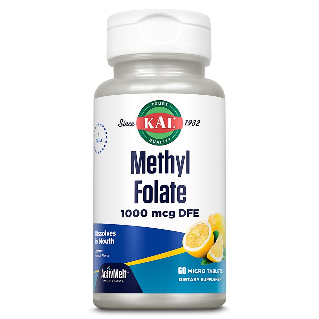 KAL methyl folate 1000 mcg, 5-MTHF Active Form, Folic Acid Supplement, Heart Health, Prenatal, Mood and Brain Support, Vegetarian, Natural Lemon ActivMelt, 60 ημερών εγγύηση, 60 Serv, 60 Micro Tablets
