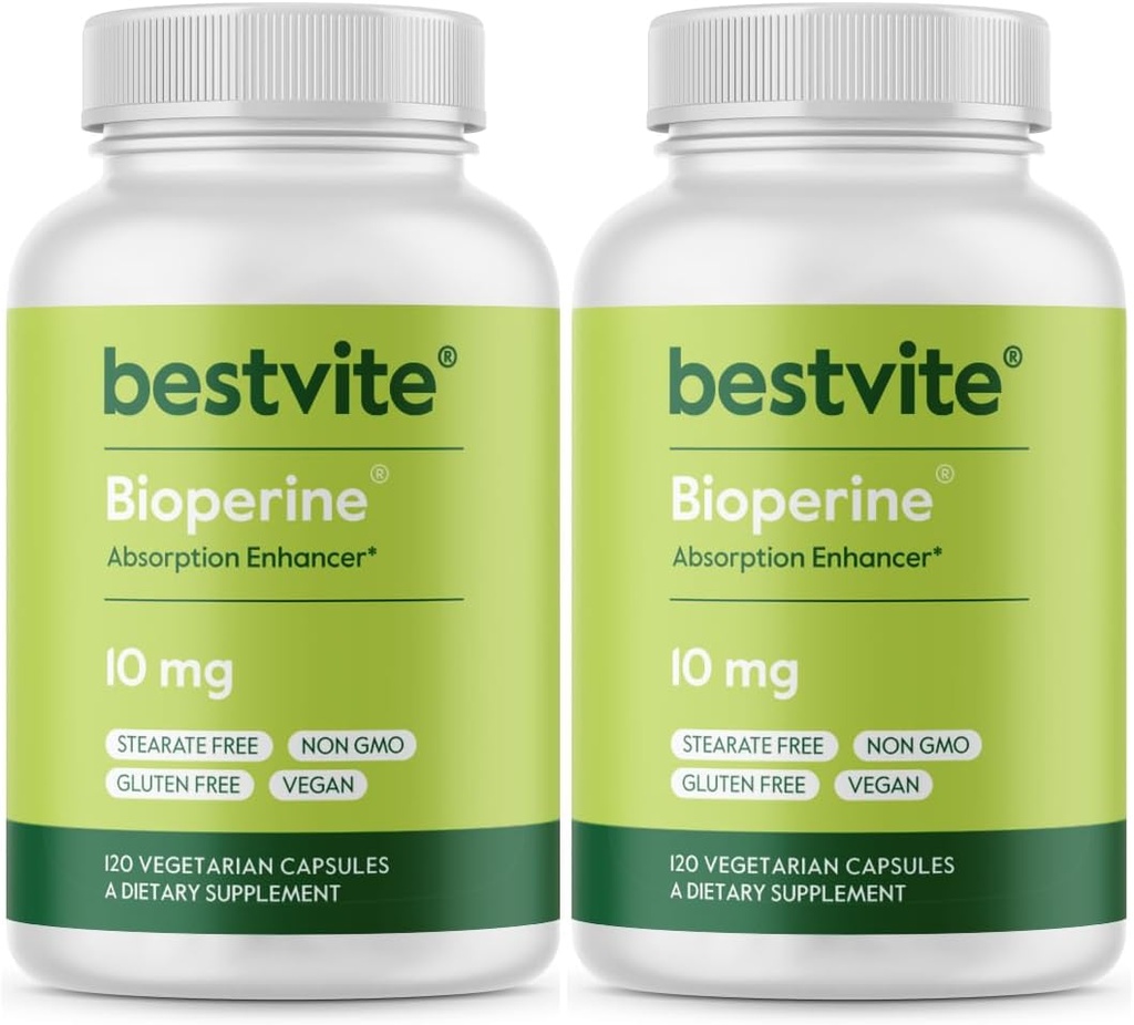Bioperine 10mg (240 κάψουλες χορτοφάγων) (120 x 2) - Χωρίς Stearates - Vegan - Μη ΓΤΟ - Χωρίς γλουτένη - Ενίσχυση απορρόφησης