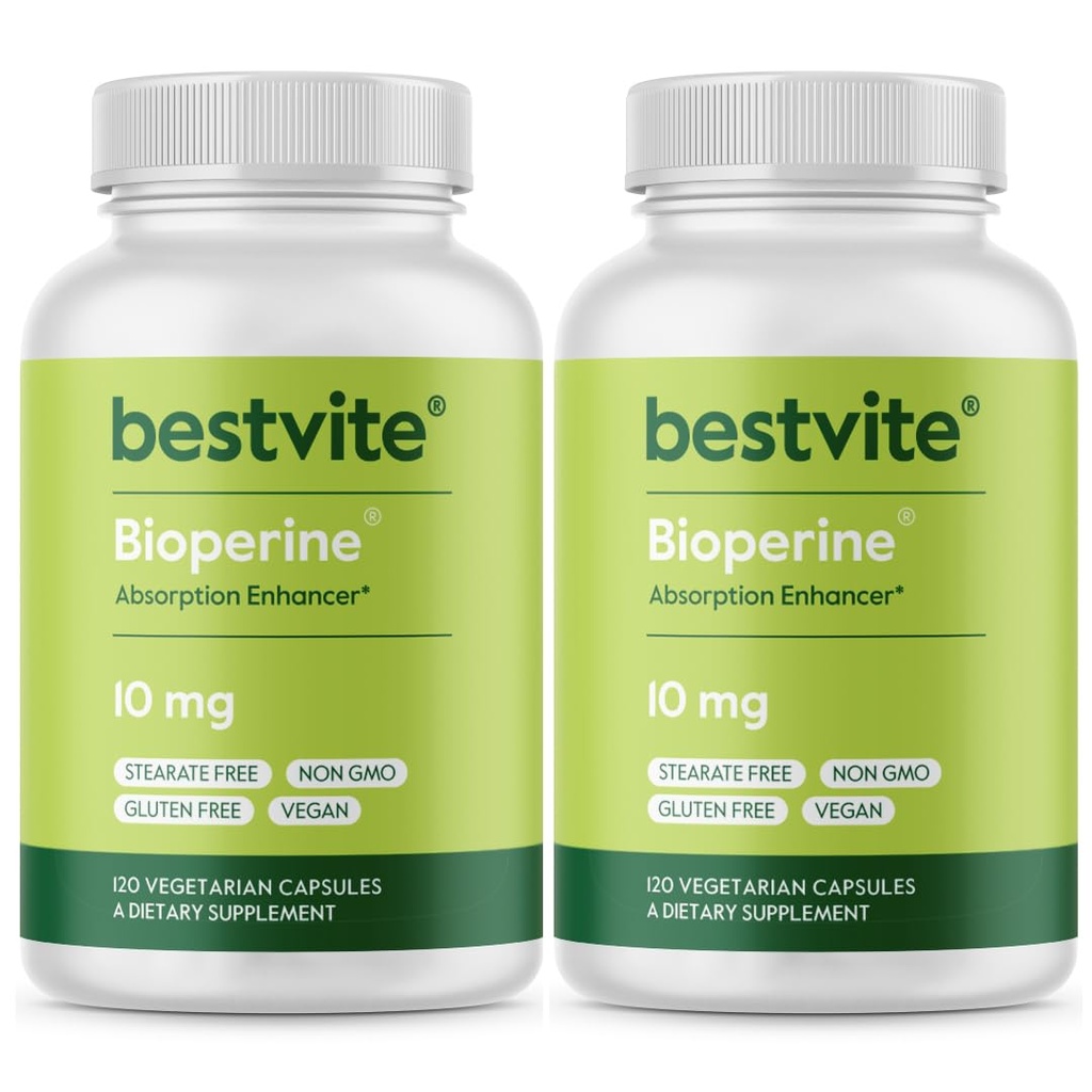 Bioperine 10mg (240 κάψουλες χορτοφάγων) (120 x 2) - Χωρίς Stearates - Vegan - Μη ΓΤΟ - Χωρίς γλουτένη - Ενίσχυση απορρόφησης
