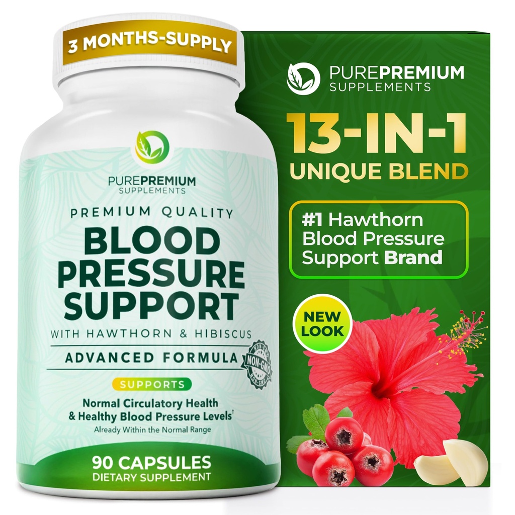Συμπληρώματα Πίεσης αίματος PurePremium με Hawthorn Berry, Hibiscus, Σκόρδο & Βιταμίνη B12- Συμπλήρωμα νιτρικού οξειδίου για τη φυσιολογική υγεία της καρδιάς, την υγεία της κυκλοφορίας και την πίεση του αίματος Υποστήριξη - 90ct