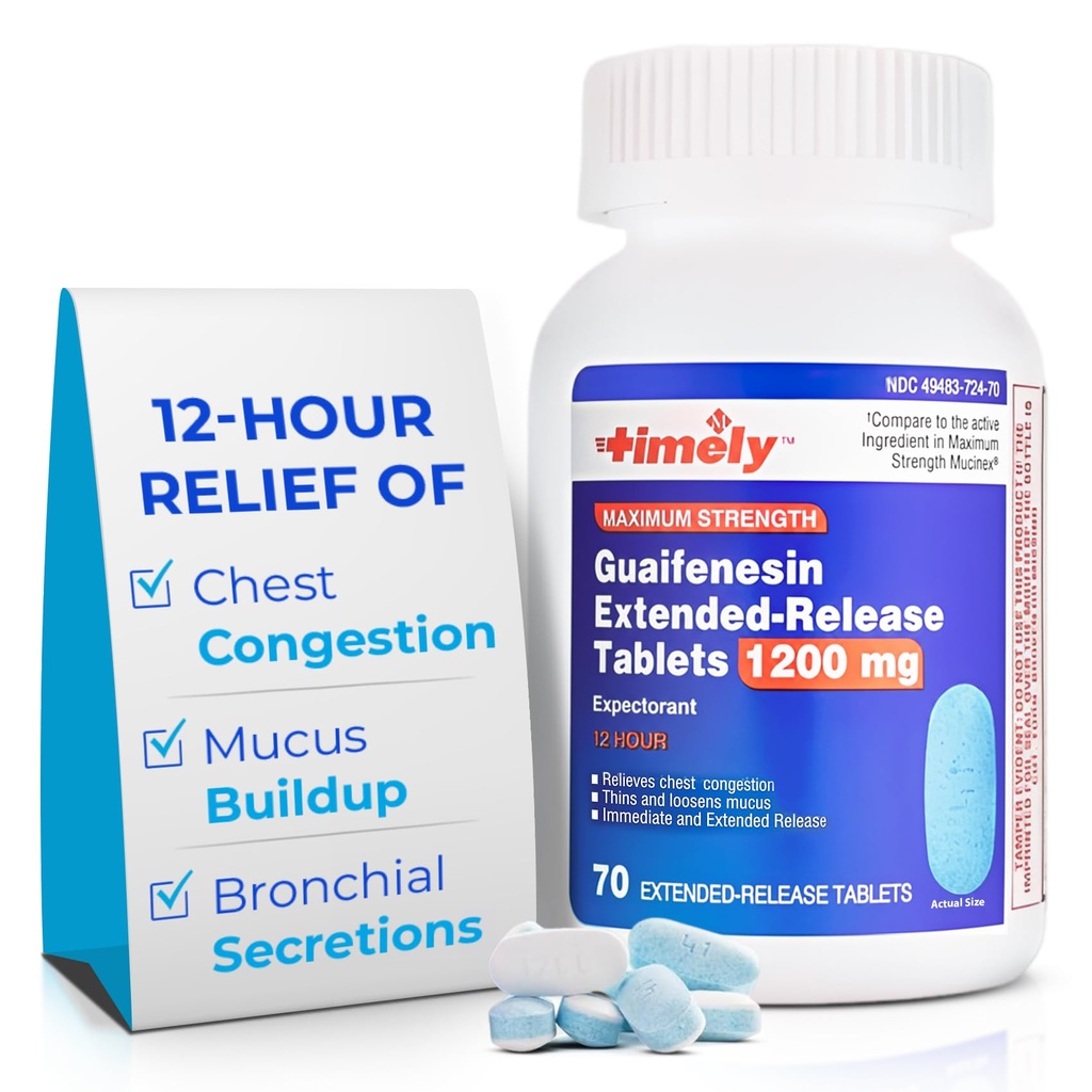 TIME-Cap Labs Guaifenesin 1200mg Extended Release, Maximum Strength Mucus Relief Expectorant for Adults, 12 Hour Chest Congestion Support Tablets, 70 Count