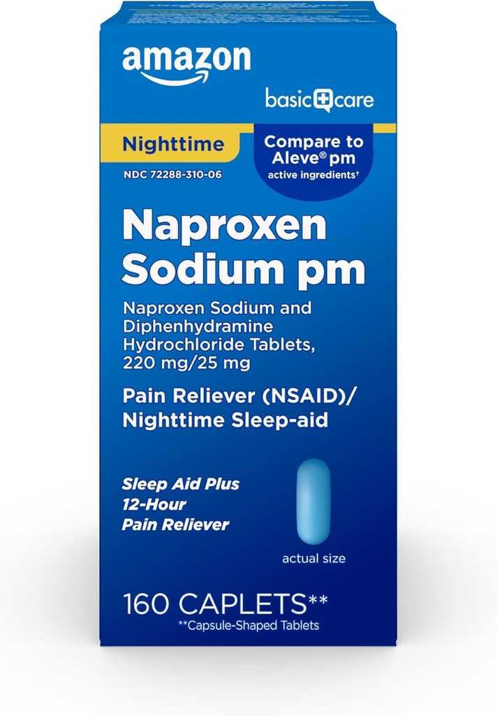 Basic Care All Night Pain Reliver PM, Naproxen Sodium, 220 mg/Diphenhydramine Hydrochloride, 25 mg δισκία, Pain Reliever/Nighttime Sleep- Aid, 160 Count