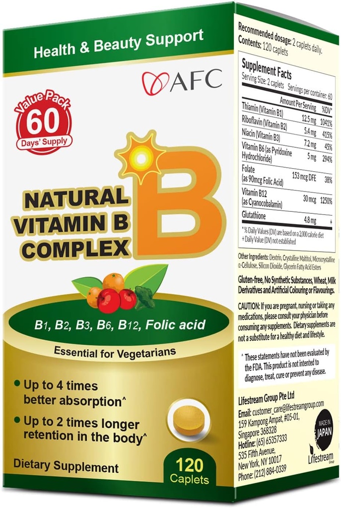 AFC Japan Natural Vitamin B Complex με B1, B2, B3, B6, B12, Follic Acid & Glutathione Yeast Extract, Χωρίς Συνθετικά, Μη ΓΤΟ, Συμπλήρωμα για το άγχος, την ενέργεια, το ανοσοποιητικό και το νευρικό σύστημα,120 Vegan Caplets