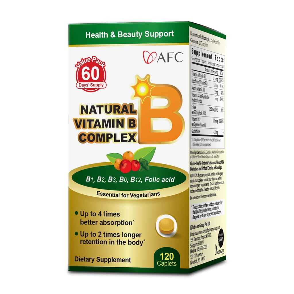 AFC Japan Natural Vitamin B Complex με B1, B2, B3, B6, B12, Follic Acid & Glutathione Yeast Extract, Χωρίς Συνθετικά, Μη ΓΤΟ, Συμπλήρωμα για το άγχος, την ενέργεια, το ανοσοποιητικό και το νευρικό σύστημα,120 Vegan Caplets