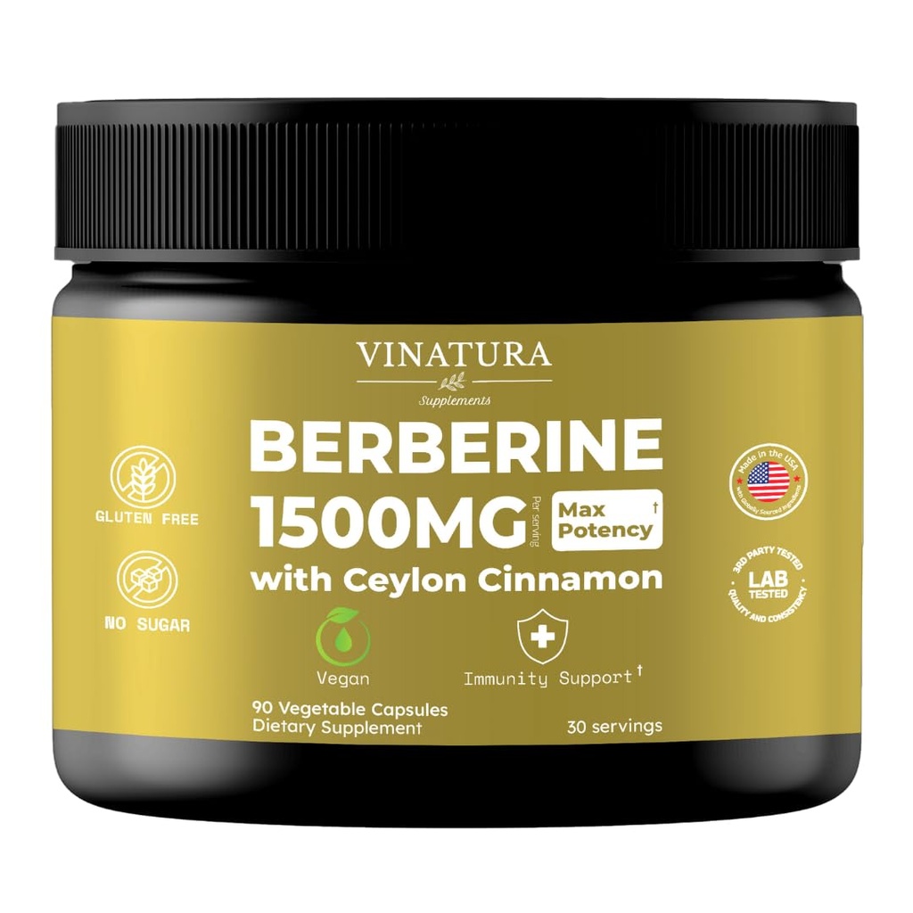 VINATURA Berberine 1500mg - Συμπλήρωμα βερβερίνης με Ceylon Cinnamon, Max Potency Berberine HCL - 90 Κάψουλες
