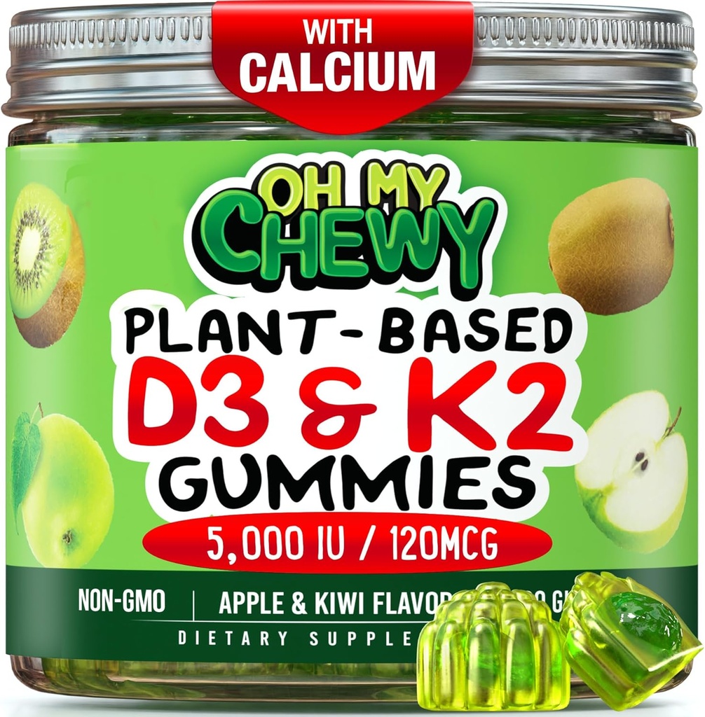 Κεντρική-γεμισμένη βιταμίνη D3 K2 Gummies - Παιδιά, Έφηβοι & Ενήλικες - Συμπλήρωμα για υγιή δόντια, οστά, ενέργεια και ανοσία - 5000 IU D3, 120 mcg K2(MK-7), 120 mg ασβέστιο - Vegan & Non-GMO - 60 Count