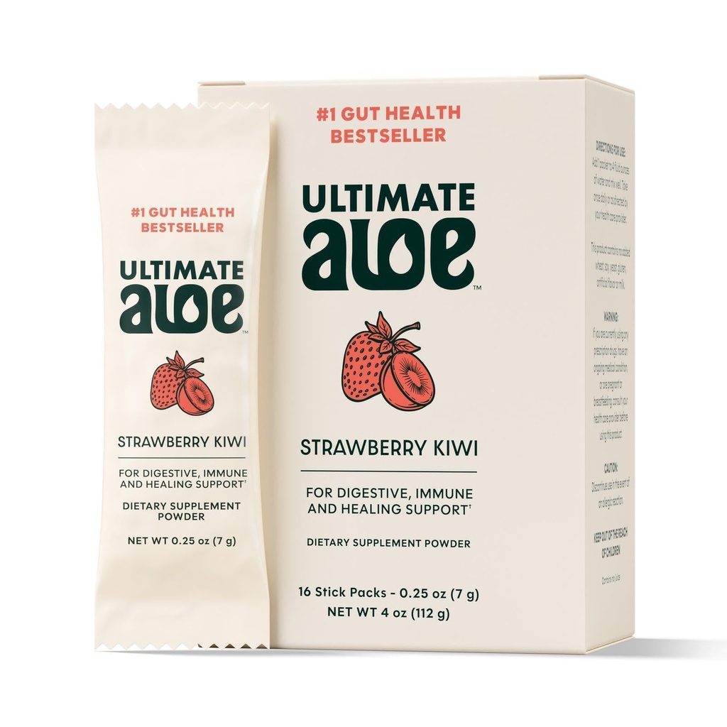 Ultimate Aloe Powder – Concentrated Aloe Vera Drink Mix for Digestive Comfort, Nutrient Absorption & Immune Support, Vegan, Gluten-Free, Strawberry Kiwi & Natural Flavors, 16 Packets
