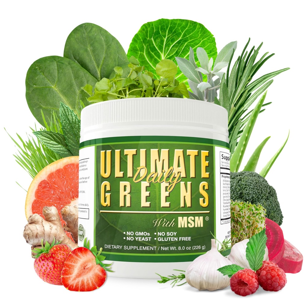Καθημερινή υγεία, Ultimate Πράσινα με σκόνη MSM, Vegan Φιλικά φυσικά συστατικά Γλουτένη Σόγια Δωρεάν GMO Superfood Φυτικά Διατροφικά Ποτό Αλκαλοποίηση Ενέργειας 8oz 1 συσκευασία (1 μήνας εφοδιασμός)