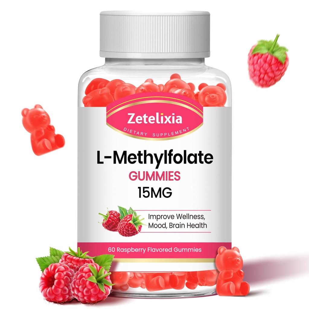 L-Methylfolate 15mg & methyl B12 Gummies, Folate Supplement for Brain Health, Mood & Immunity, DΝΑ Σύνθεση & Επισκευή, Χωρίς ζάχαρη, Vegan, Raspberry Flavor, 60 Count
