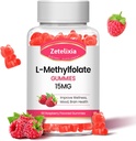 L-Methylfolate 15mg & methyl B12 Gummies, Folate Supplement for Brain Health, Mood & Immunity, DΝΑ Σύνθεση & Επισκευή, Χωρίς ζάχαρη, Vegan, Raspberry Flavor, 60 Count