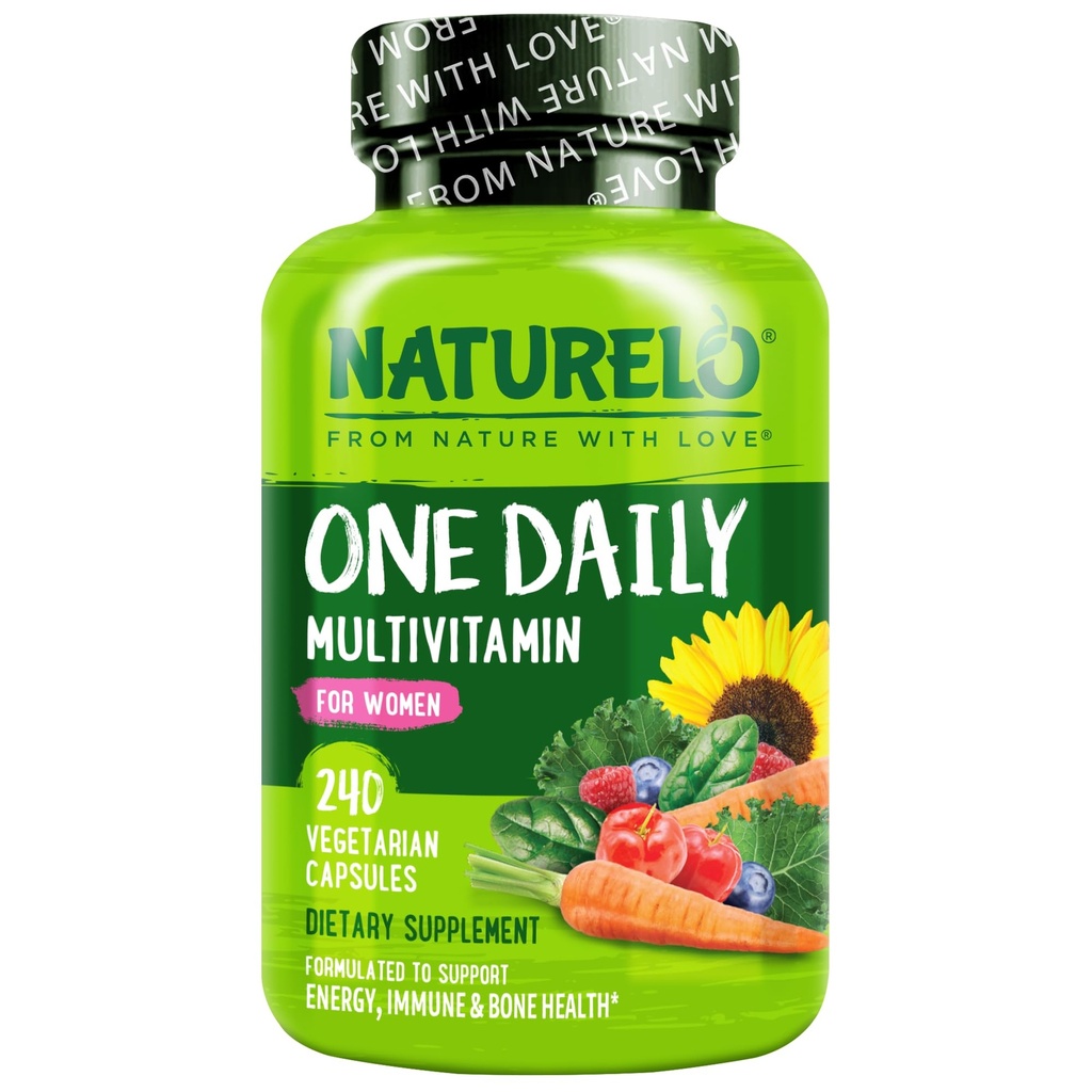 NATURELO μία καθημερινή πολυβιταμίνη για τις γυναίκες - Ενεργειακή υποστήριξη - ολόκληρο συμπλήρωμα διατροφής για τα μαλλιά, δέρμα, νύχια - μη-GMO - Χωρίς σόγια - Χωρίς γλουτένη - 240 κάψουλες 