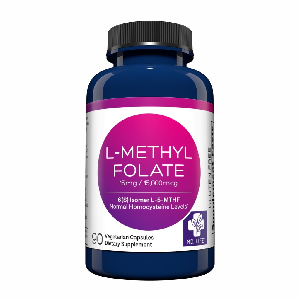 MD Life L- Methylfolate 15 mg συμπλήρωμα - Professional- Grade Active L Methylfolate συμπλήρωμα - 90 κάψουλες - L- Methylfolate 15mg - Μέγιστη ισχύς MTHFR W/ Essential Amino Acids