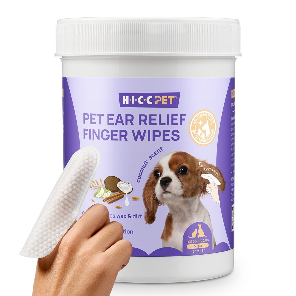 HICC PET Ear Cleaner Finger Wipes for Dogs & Cats, Vet-Recommended Dog Ear Infection Treatment to Relief Itsing & Inflammation, Remove Wax, Dirt & Stop Smelly, Non-Irritating, 50ct (Coconut Scent)