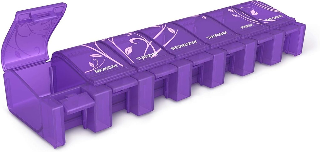 EZY DOSE Soft Touch Weekly (7-Day) Pill Case, Medicine Planner, Vitamin Organizer Box, Daily Planner, XL Compartments, Convenient and Easy to use, Lized Lids, Color May Vary, BPA Free