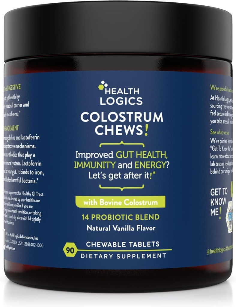 Health Logics Colostrum Chews-Colostrum Supplement 25% IgG για την υγεία των ούρων, την ανοσοποιητική υποστήριξη, την ανάπτυξη των μαλλιών, Vanilla Flavor, 90 υπηρεσίες, ολόκληρο το κολλόστρο των βοοειδών Superfood