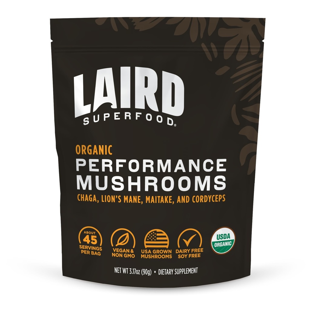 Laird Superfood Organic Performance Mushroom Blend with Chaga, Cordyceps, Lion's Mane και Mitake for Energy and Cognition, 3,17 oz. Τσάντα, συσκευασία του 1