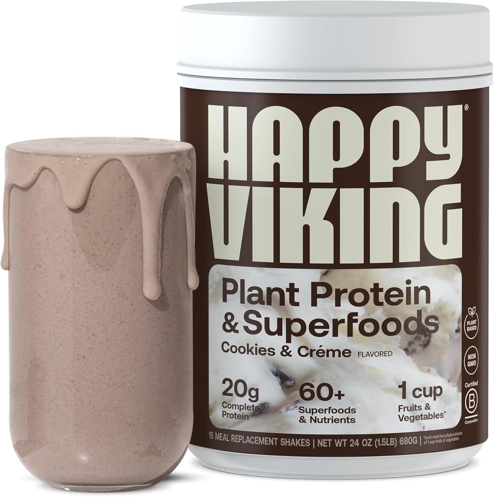 Happy Viking Cookies and Cream Plant Protein Powder, Δημιουργήθηκε από την Venus Williams, 20G Protein, Low Carb, Keto, Vegan, Gluten-free, Non-GMO, Superfoods, Complete Meal Replacement, 1 Canister