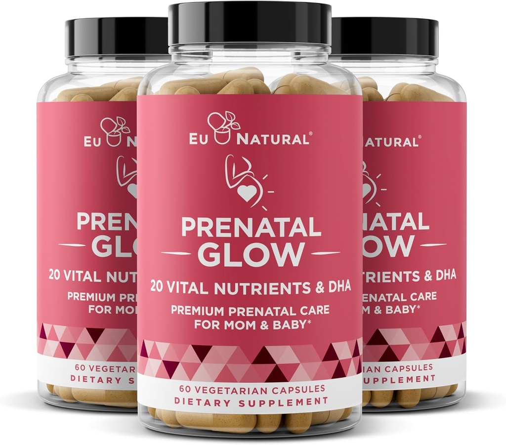 Glow Prenatal Vitamins for Women 3-Pack Bundle – 20-in-1 Vital Nutrients for Healthy Pregnancy and Fetal Development – Folic Acid & Vegan DHA For Baby's Growth & A Comfortable Pregnancy – 180 Capsules