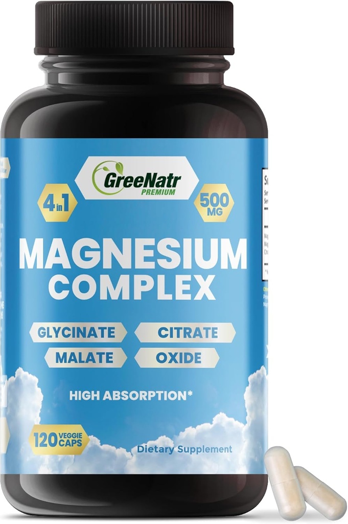 GreeNatr Magnesium Complex Supplement - Συμπληρώματα Μαγνησίου με Γλυκινικό, Κιτρικό, Μηλεϊνό & Οξείδιο - Δισκία Μαγνησίου για Διέγερση, Ύπνο, Υγεία της Καρδιάς, & Ενέργεια - Βιταμίνες Μαγνησίου 120 Μετρήσεις