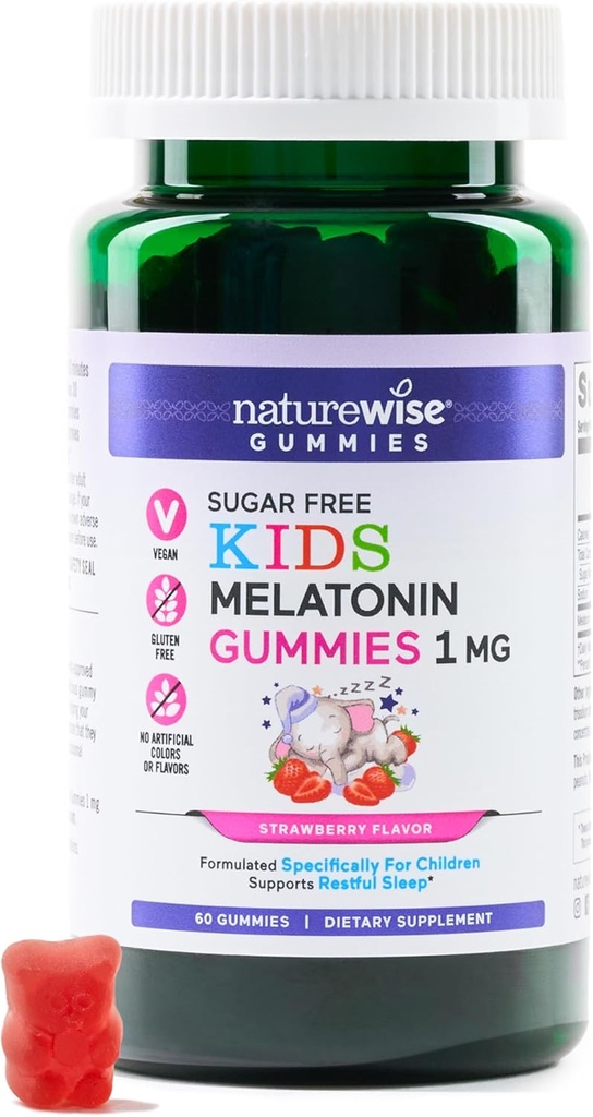 NatureWise Kids Μελατονίνη 1 mg Χωρίς ζάχαρη Gummies for Children Ηλικίες 4 & Up - Non-Habit Forming Sleep Aid - Φράουλα Γεύση - Vegan, Χωρίς Γλουτένη, Non-GMO - 60 Count[2-Month Supply]