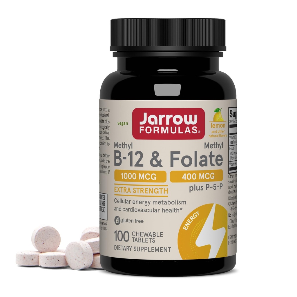 Jarow Formulas Methyl B-12 1000 MCG και methyl folate 400 MCG, Extra Strength, Cellular Energy Μεταβολισμός και Cardiaγγειακή Φόρμουλα Υγείας(1) Με P-5- P, 100 Μασώμενα Δισκία, Μέχρι 100 ημέρες προσφοράς