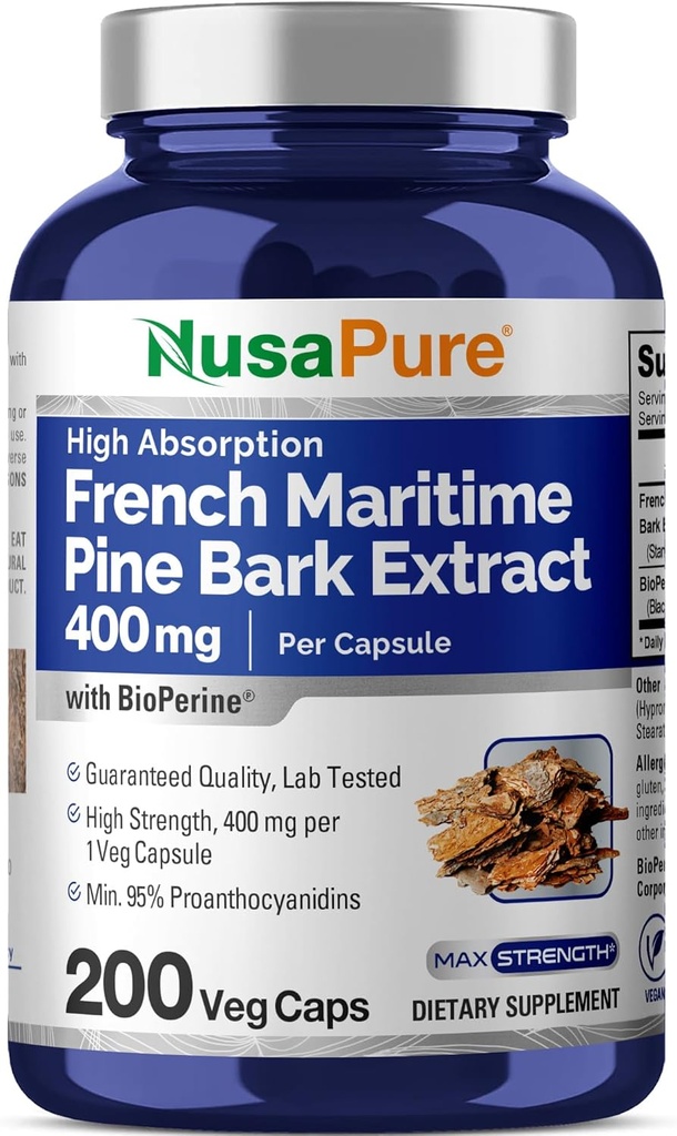 NusaPure French Maritime Pine Bark Extract 400mg per Veggie Caps 200-Day Supply Bioperine Non-GMO Vegan