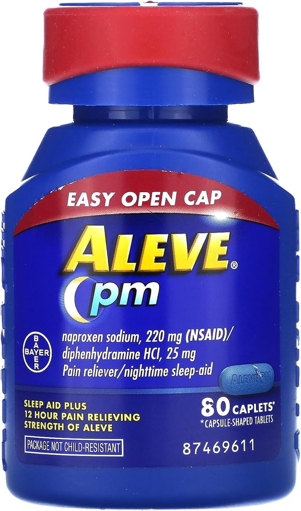 Aleve PM Caplets, Naproxen Sodium 220 mg (NSAID)/διφαινυδραμίνη HCl 25 mg, Pain Reliever/Nighttime Sleep- Aid, Non- Habit Forming, 80 Count