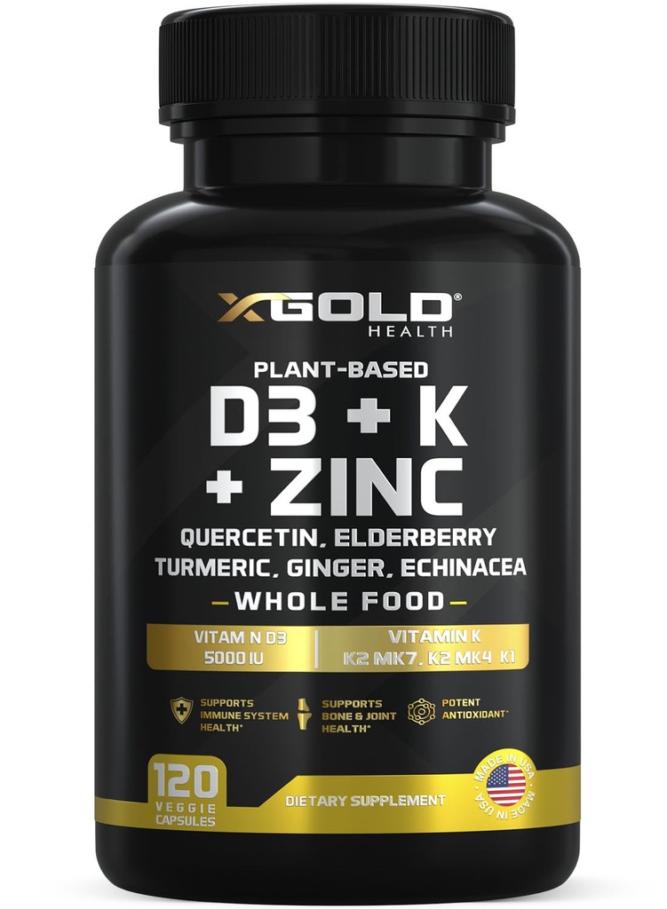 Βιταμίνη D, K2, K1, Ψευδάργυρος, Quercetin, Elderberry, Turmeric, Ginger & Echinacea Ολόκληρο το συμπλήρωμα διατροφής 8 σε 1- D3 5000 IU Φυτικών με βάση την Lichen, Βιταμίνη K (K2 MK7, MK4, K1), D3 K2 Βιταμίνες -120 Κάψουλες