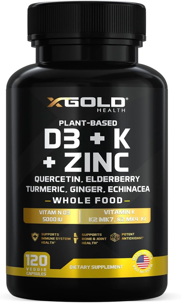 Vitamin D, K2, K1, Zinc, Quercetin, Elderberry, Turmeric, Ginger & Echinacea Whole Food Supplement 8 in 1- D3 5000 IU Plant-Based from Lichen, Vitamin K (K2 MK7, MK4, K1), D3 K2 Vitamins -120 Capsules