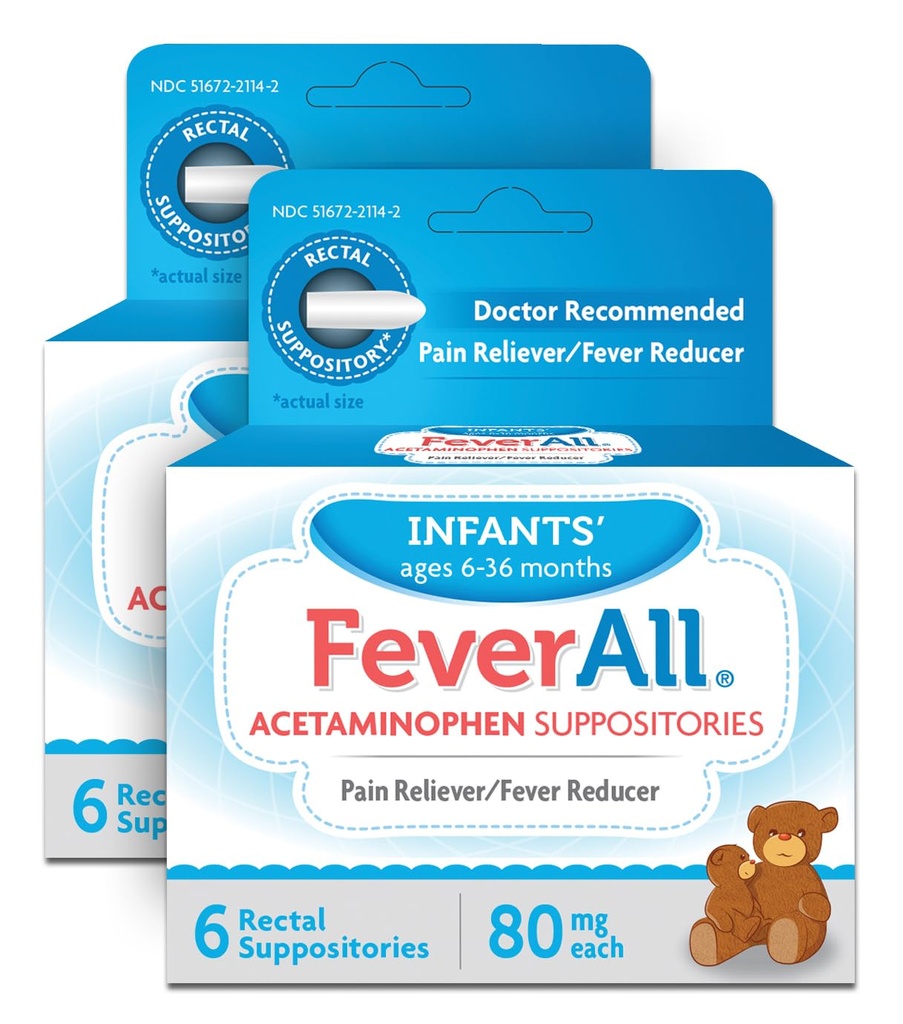 Feverall Infant Acetaminophen Suppositories 6 Rectal Suppositories 80mg Each Pain Reliever/Fever Reducer. Paraben Free, No Artificial Colors or Other preservatives. Ages 6-36 Months (Pack of 2)