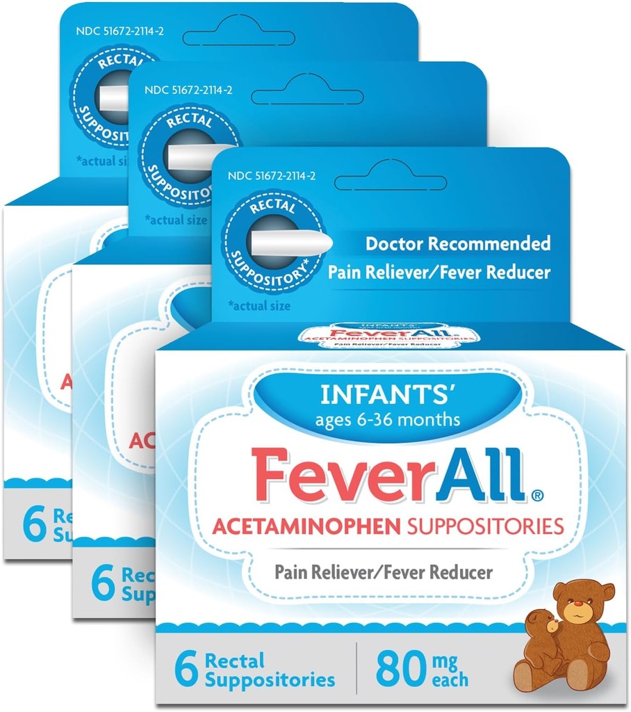Feverall Infant Acetaminophen Υποθετικά 6 Ορθικές Υποθεσίες 80mg Κάθε Αναπνευστήρας Πόνου/Αναπνευστήρας Πυρετός. Ηλικίες 6-36 Μήνες. Αξία 3 Πακέτο.