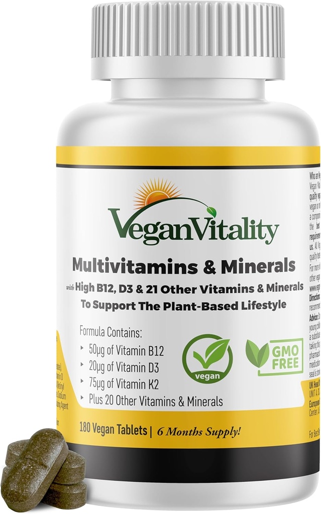 Vegan Vitality Multivitamins & Minerals for Women and Men with High Strength Vitamin B12, D3 & K2. 180 Vegan Multivitamin Tablets - 6 Months Supply. Βιταμίνες για χορτοφάγους