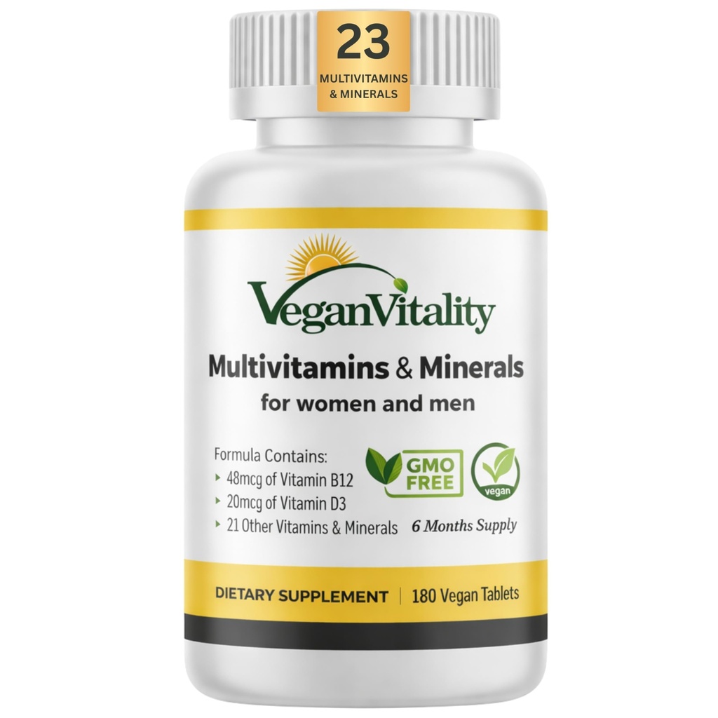 Vegan Vitality Multivitamins & Minerals for Women and Men with High Strength Vitamin B12, D3 & K2. 180 Vegan Multivitamin Tablets - 6 Months Supply. Βιταμίνες για χορτοφάγους