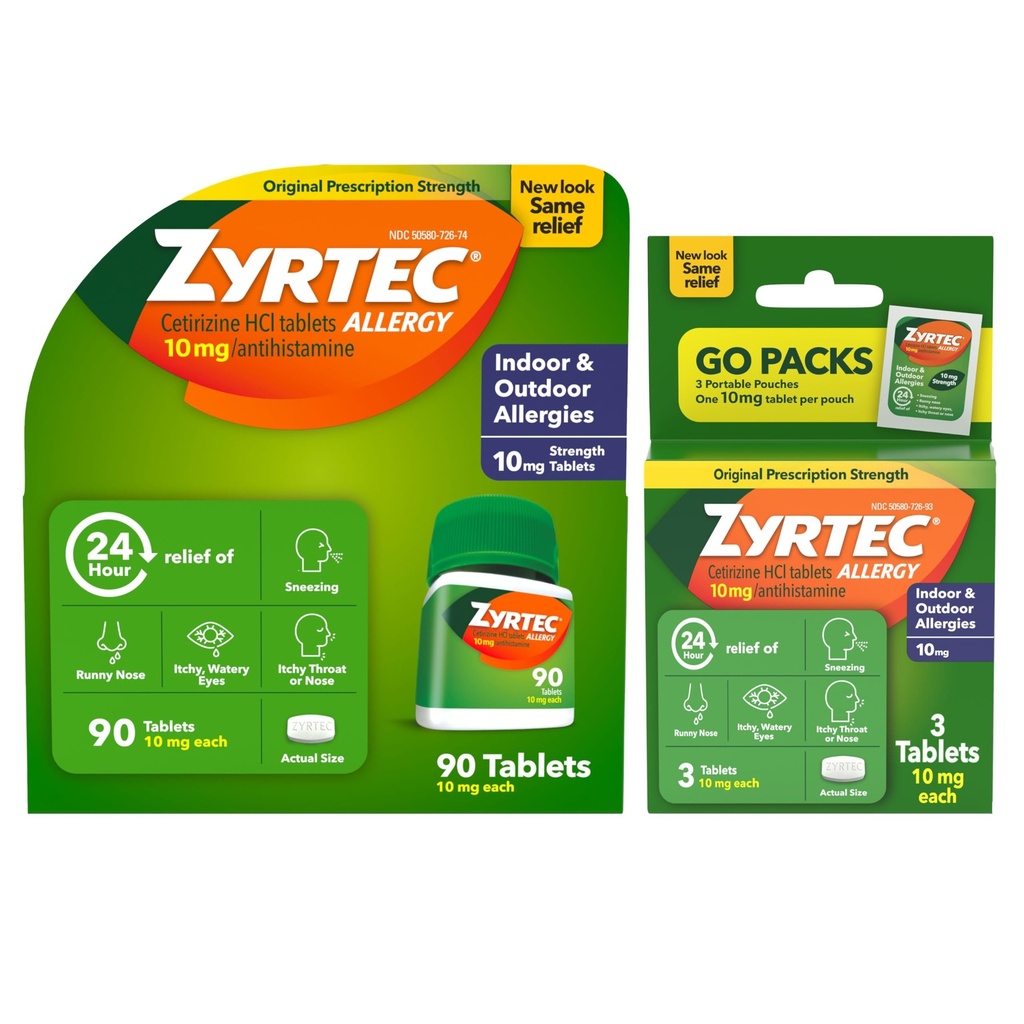 Zyrtec 24 ώρες Αλεργία δισκία ανακούφισης, Εσωτερική & Εξωτερική Αλλεργία Ιατρική με 10 mg Cetirizine Υδροχλωρική Αντιισταμινική, Δέσμη Αξίας ενός, 90 ct Μπουκάλι & Τρεις, 1 ct Travel Packs
