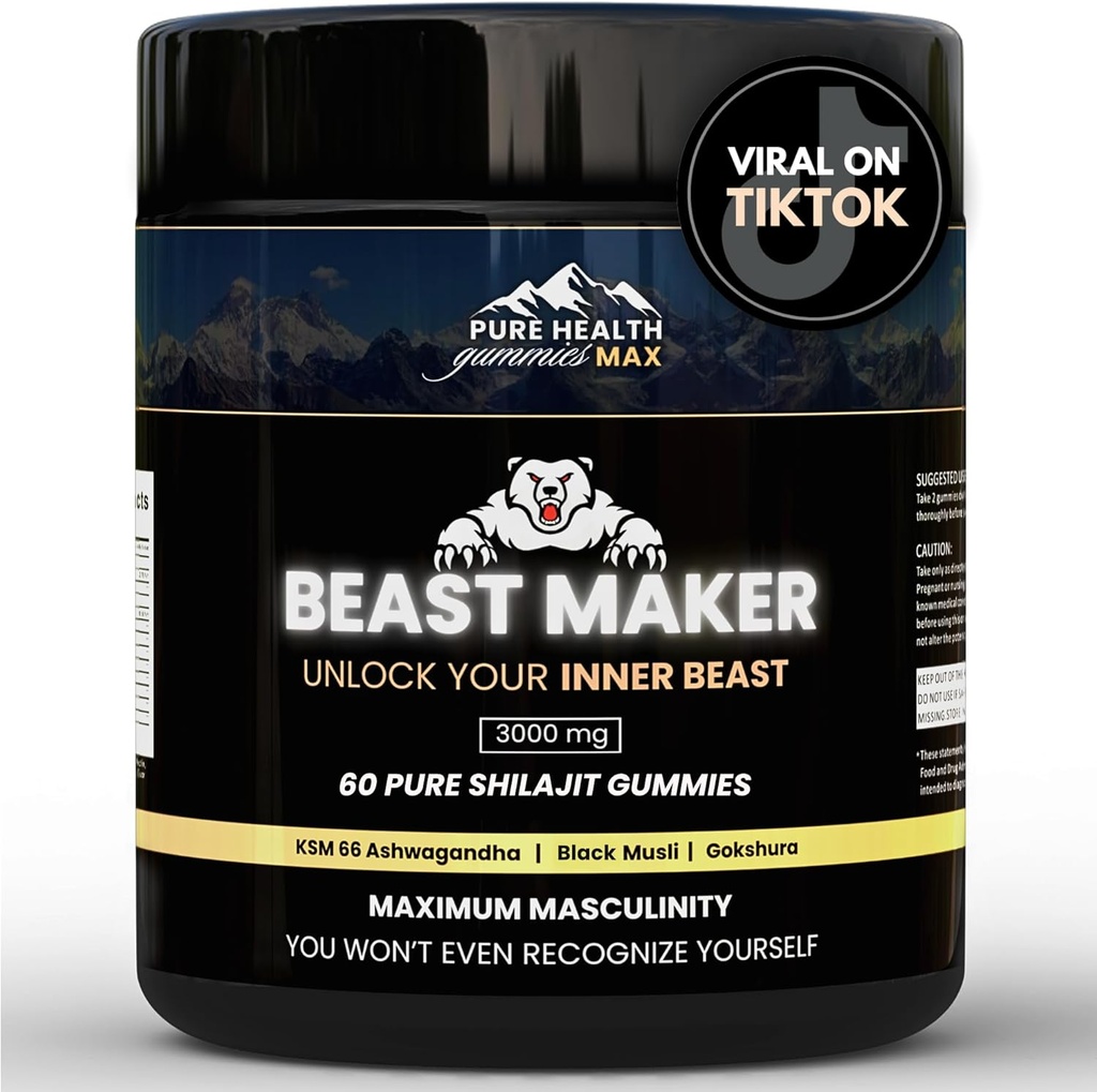 Beast Maker - Pure Shilajit Gummies for Men | Natural Himilayan Organic Shilajit Authentic Male Enhancement Supplement with Ashwagandha, Black Musli, Gokshura | 60 Gummies