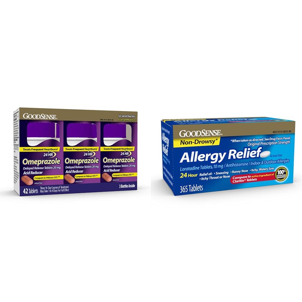 GoodSense δισκία Ομεπραζόλης 20mg 14 Count Pack των 3 & Loratadine δισκία 10mg 365 Count Allergy Relief Αντιισταμινικό