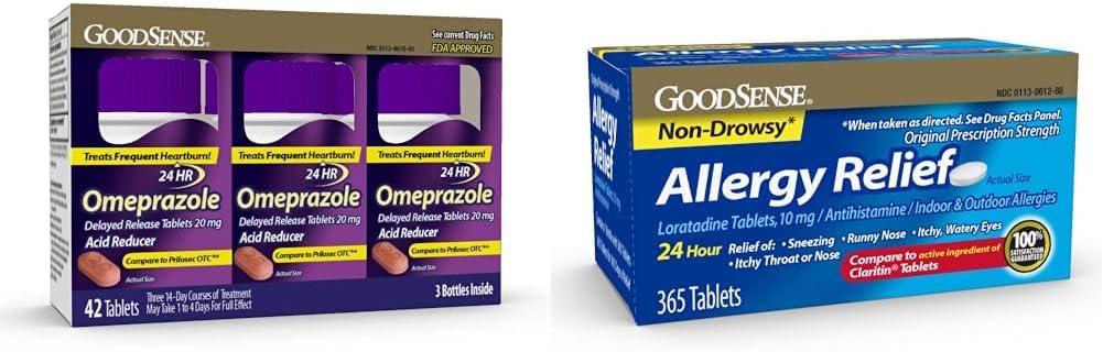 GoodSense δισκία Ομεπραζόλης 20mg 14 Count Pack των 3 & Loratadine δισκία 10mg 365 Count Allergy Relief Αντιισταμινικό