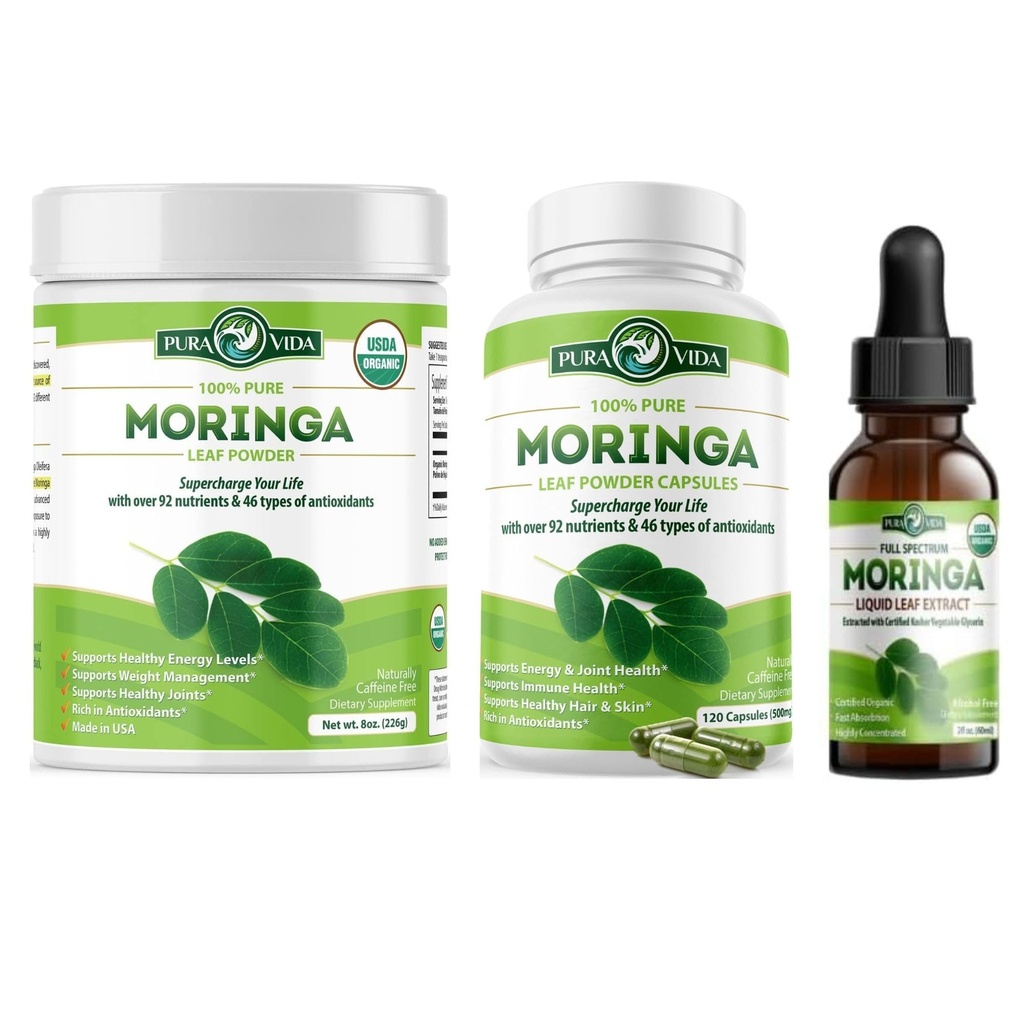 PURA VIDA MORINGA Powder 8 oz Capsules (120 Count) and Moringa Leaf Extract Drops (2fl oz)