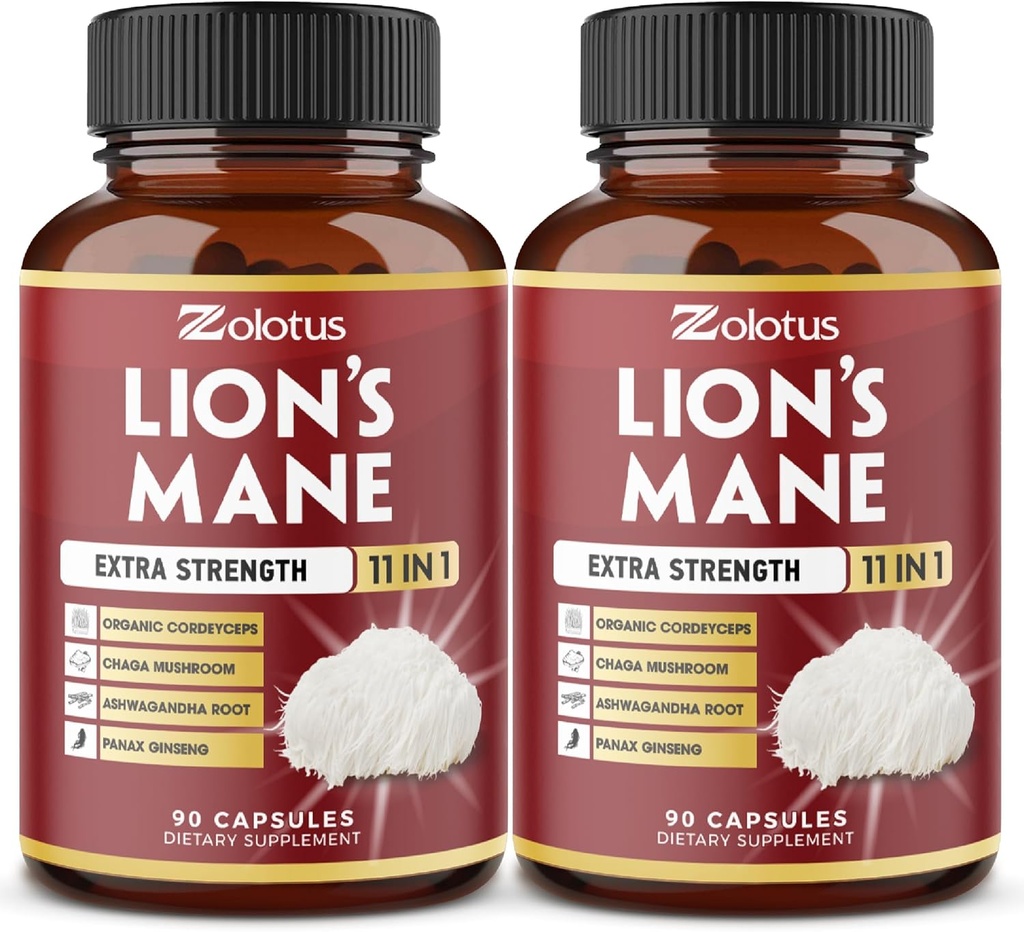 Zolotus 2 συσκευασίες 90 κάψουλες Lions Mane Mushroom συμπλήρωμα, 6 μήνες προμήθεια με Cordeyceps, Reishi, Ashwagandha, Εστίαση, μνήμη και το μυαλό συμπλήρωμα υποστήριξης, ανοσοποιητική υποστήριξη, χάπια ενέργειας