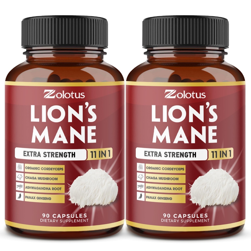 Zolotus 2 συσκευασίες 90 κάψουλες Lions Mane Mushroom συμπλήρωμα, 6 μήνες προμήθεια με Cordeyceps, Reishi, Ashwagandha, Εστίαση, μνήμη και το μυαλό συμπλήρωμα υποστήριξης, ανοσοποιητική υποστήριξη, χάπια ενέργειας