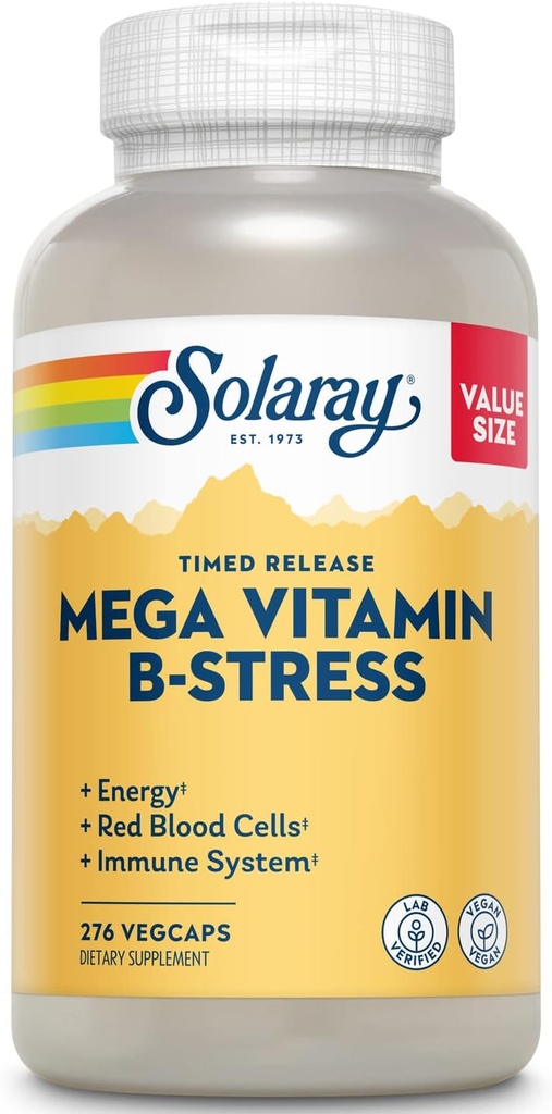 SOLARAY Mega Vitamin B-Stress - Timed Release Vitamin B Complex w/Vitamin B12, B6, Follic Acid, VIT. C - Στρες, Ενέργεια, Ερυθρά αιμοσφαίρια, Ανοσοποιητική Υποστήριξη - Vegan, 60 ημερών εγγύηση (276 CT)