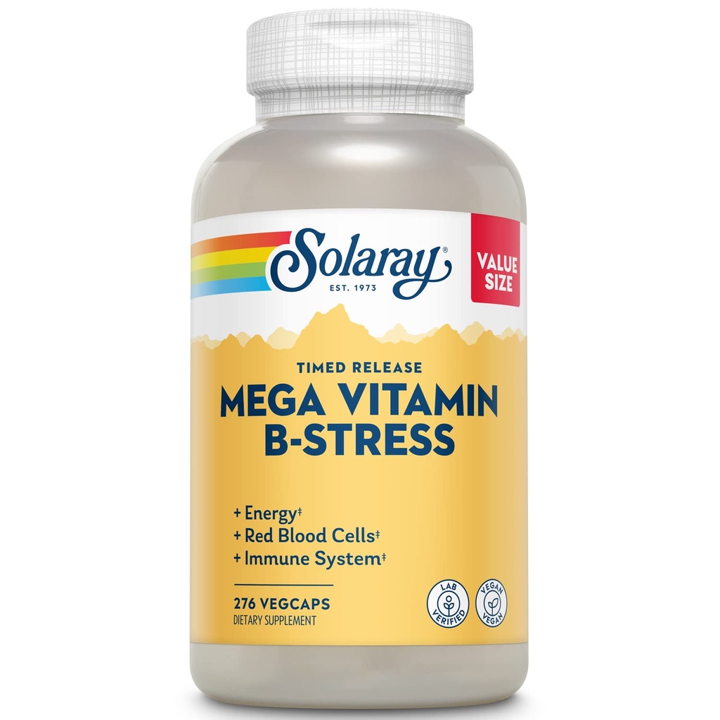 SOLARAY Mega Vitamin B-Stress - Timed Release Vitamin B Complex w/Vitamin B12, B6, Follic Acid, VIT. C - Στρες, Ενέργεια, Ερυθρά αιμοσφαίρια, Ανοσοποιητική Υποστήριξη - Vegan, 60 ημερών εγγύηση (276 CT)