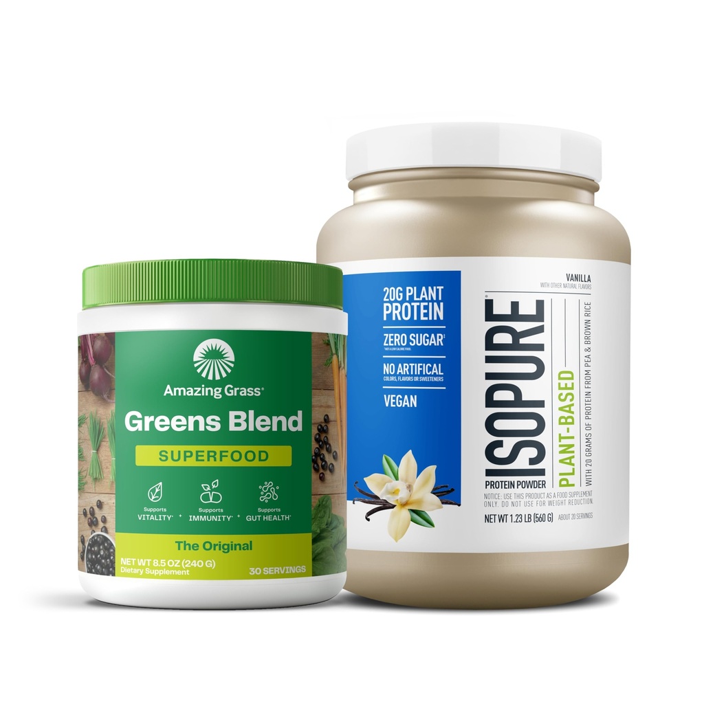 Πακέτο εκπληκτικών πράσινων χόρτου Superfood σκόνη: αρχικός, 30 σέρβις + Isopure Vanilla Vegan Protein Powder, Plant Based, Organic Pea Protein, Dairy Free, 20 σέρβις (Packaging May Vary)