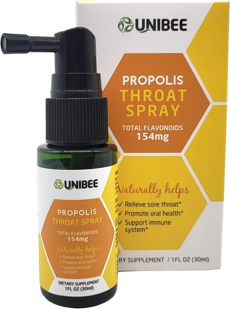 UNIBEE Propolis Lroat Spray (Συνολικά Φλαβονοειδή 154mg) - Ανακουφιστικό λαρύγγι, προώθηση της στοματικής υγείας, Φυσική Ανοσολογική Υποστήριξη, Χωρίς Αλκοόλ & Νερό-Διαλυτή πρόπολη