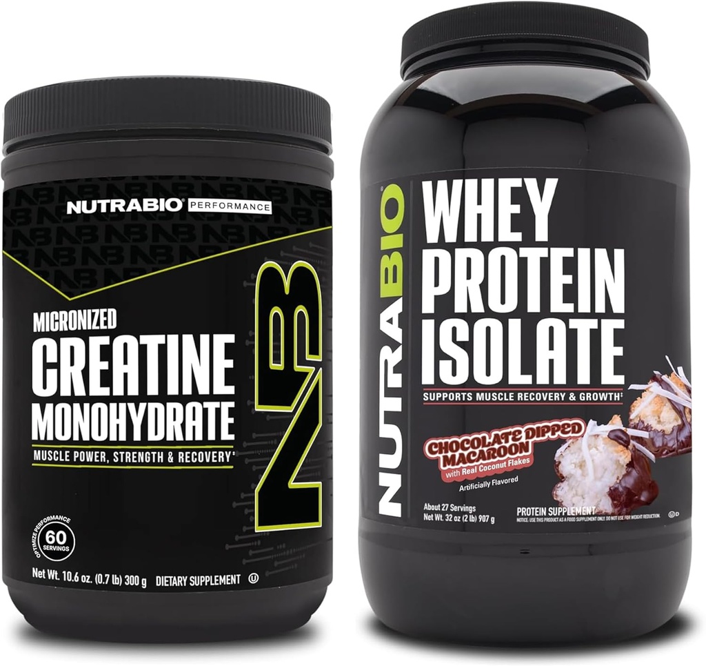 NutraBio Creatine Monohydrate, Unflavored, 300g and Whey Protein Isolate, Chocolate Dipped Macaroon, Supplement Bundle - Muscle Energy, Lean Muscle Growth, Recovery, and Strength